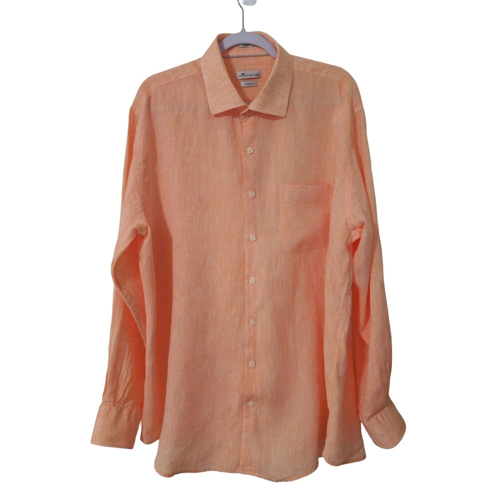 Peter Millar Mens XL Orange 100% Linen Long Sleeve Button Up Shirt MS17W03CSL
